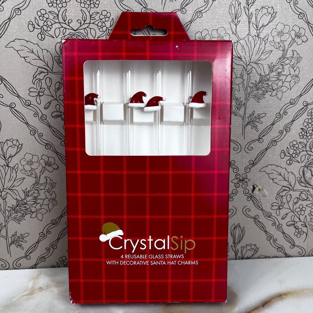 Christmas Crystal Sip 4 Reusable Glass Drinking Straws with Santa Hats Party